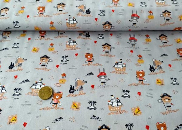 Benny organic cotton poplin grey fabric with animal figures as pirates